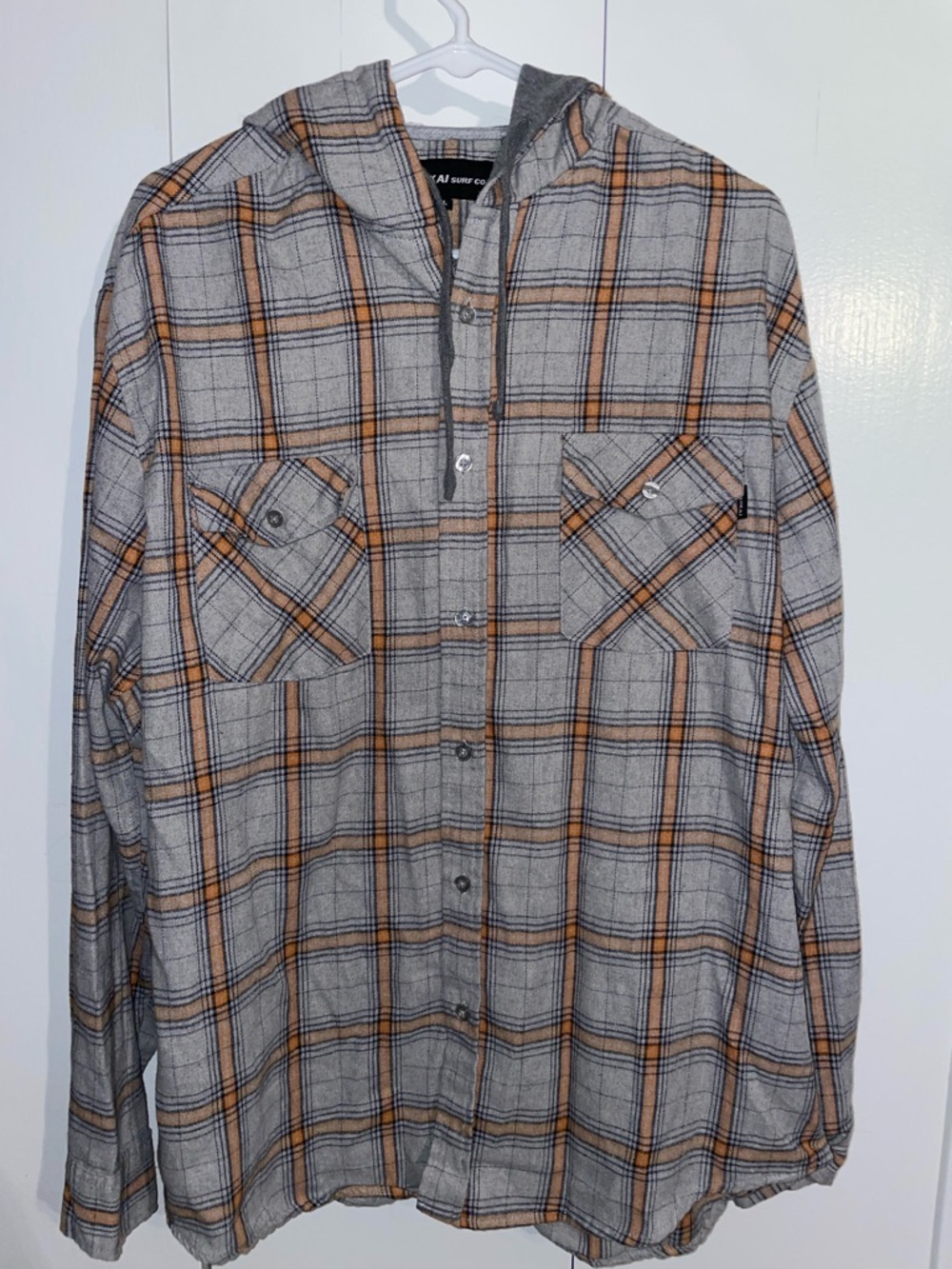 Men's Hooded Plaid Button-Down Shirt - Gray & Tan